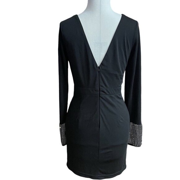 AQUA LUXE Little Black Dress Mini Bodycon Rhinestone Cuffs Women Small V-Back‎ - Picture 2 of 10